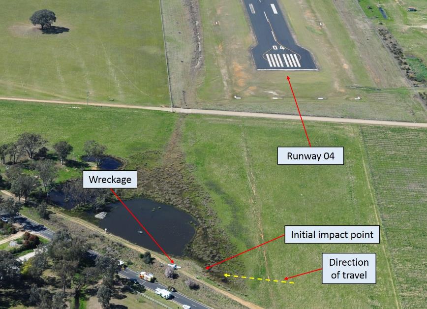 Figure 1: Aerial view of the accident site on the day, showing the threshold of runway 04 and direction of travel prior to impact